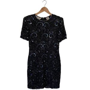 Vintage 100% Silk Beaded Embroidered Embellished Sequins Black Dress Medium